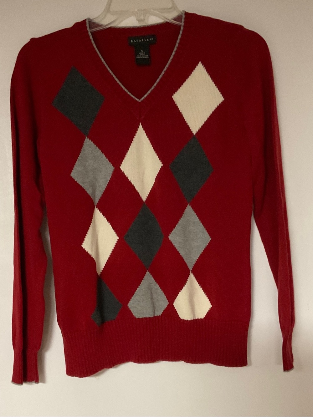 Rafaela Red Argyle V-Neck Sweater with Gray and Cream Diamonds